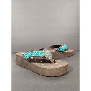 MONTANA WEST Wedge Sandal Womens 8 Blue Brown Flip Flop Western Rhinestone Studs